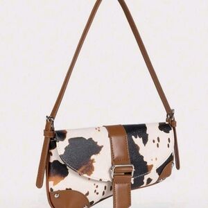 Cowhide-Print Brown and White Shoulder Bag with Buckle Detail